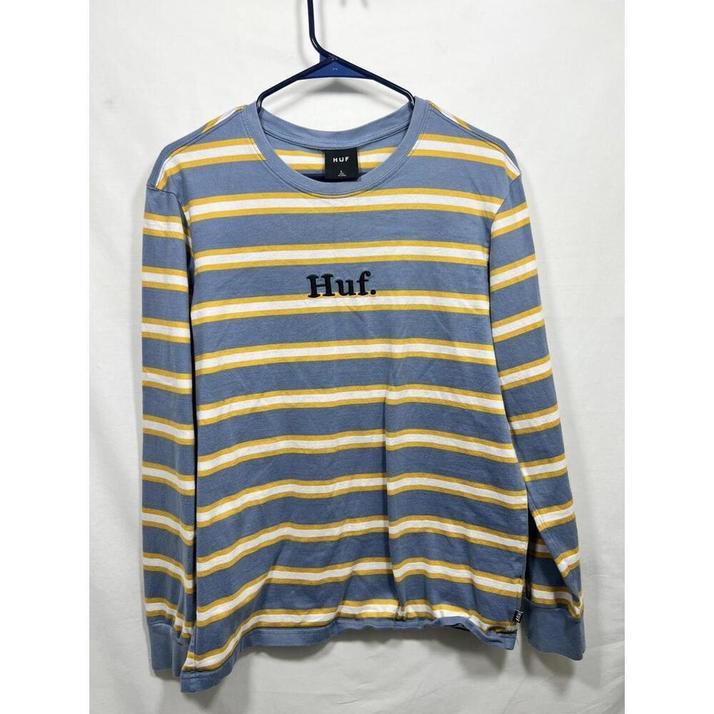 HUF Shirt Men’s L Blue Yellow White Stripe Long Sleeve Crewneck Stretch Logo Top